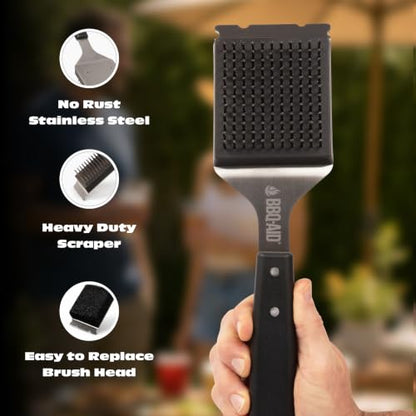 Grill Brush for Outdoor BBQ Grill Cleaning Scraper, Replaceable Head, Black | Barbecue grill cleaning brush with no-scratch stainless steel bristles and extended black handle, safe for any grill grate - color: Black