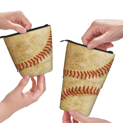 Retro Baseball Kids Standing Pencil Case Girls Boys Telescopic Stationary Pouch with Zipper Large Capacity Stand up Pen Bag Portable Makeup Holder for Children School Students Office Supplies - color: Baseball
