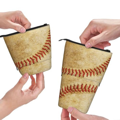 Retro Baseball Kids Standing Pencil Case Girls Boys Telescopic Stationary Pouch with Zipper Large Capacity Stand up Pen Bag Portable Makeup Holder for Children School Students Office Supplies - color: Baseball