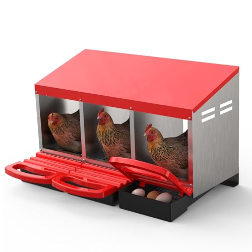 Metal Chicken Nesting Box with Easy-Collect Tray & Lid – 3/4/2x2 Compartment Heavy Duty Roll Away Nesting Boxes for Chickens, Wall Mount or Freestanding, Galvanized Steel Hen Laying Box for Coop - color: Red, size: 30.7"L x 20.1"W x 20.1"H