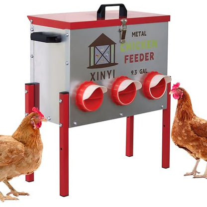 XINYI 9.3 Gallon Automatic Chicken Feeder, 6 Ports Gallon Chick Feeder No Waste with Adjustable Legs, Rodent Proof & Weatherproof Metal Raised Poultry Feeder - size: 6 ports with legs