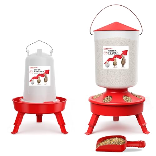2-in-1 Chick Starter Set: 0.8 Gal Top Filling Feeder and 0.4 Gal Waterer with Adjustable Legs for Baby Chicks, Includes Scoop, Hanging Hooks, Anti-Drown Design (Red) - size: 0.8 Gal Feeder & 0.4 Gal Waterer