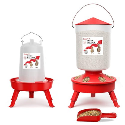 2-in-1 Chick Starter Set: 0.8 Gal Top Filling Feeder and 0.4 Gal Waterer with Adjustable Legs for Baby Chicks, Includes Scoop, Hanging Hooks, Anti-Drown Design (Red) - size: 0.8 Gal Feeder & 0.4 Gal Waterer