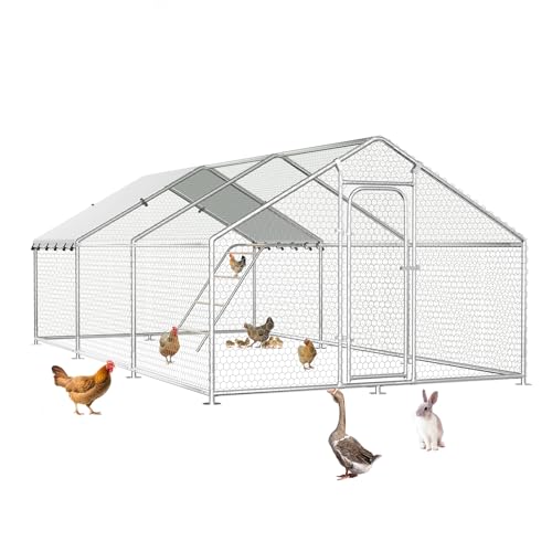 Large Metal Chicken Coop with Roosting Perch, Waterproof and UV-Resistant Cover, Outdoor Walk-in Cage Hen House for Yard Farm Duck Rabbit Chicken Run with Spire Roof (10'W x 19.7'L x 6.4'H) - size: 236.4"L x 120.0"W x 76.8"H