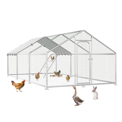 Large Metal Chicken Coop with Roosting Perch, Waterproof and UV-Resistant Cover, Outdoor Walk-in Cage Hen House for Yard Farm Duck Rabbit Chicken Run with Spire Roof (10'W x 19.7'L x 6.4'H) - size: 236.4"L x 120.0"W x 76.8"H