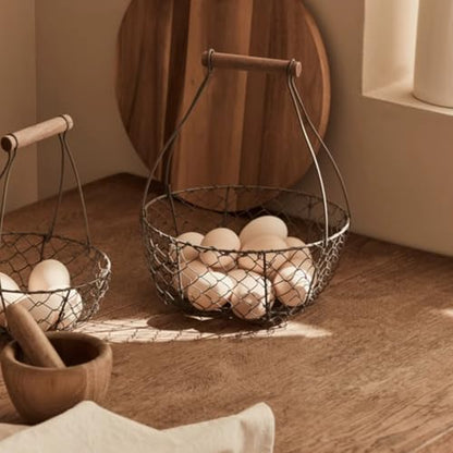 Farmhouse Wire Egg Basket for Collecting Fresh Eggs with Handles, Round Metal Egg Collection Basket, Countertop Egg Storage Basket(Medium)