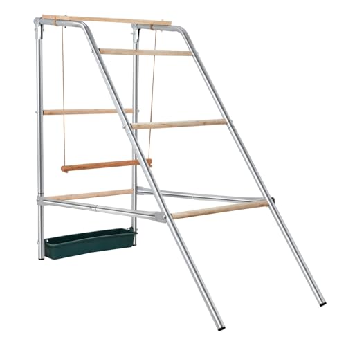 Chicken Perch with Swing, Chicken Roosting Bars, Built-in Feed Trough, Trapezoidal Ladder Frame, Poultry Habitat Supplies, Easy Assembly, Outdoor Poultry Playground for Coop, Backyard, Farm, Silver