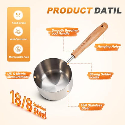 1PCS 1Cup(240ml | 8oz) Dog Cat Food Scoop, 18/8(304) Stainless Steel Measuring Cup with Wooden Handle, Etched Measurements Inside, BPA Free Portion Control for Pets & Kitchen Use - size: 1 CUP