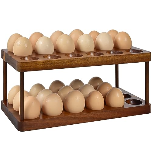 Wooden Double Layer Egg Holder - Farmhouse Kitchen Acacia Egg Tray Organizer - 2 Tier Fresh Egg Storage Rack Basket for Countertop, 36 Capacity - style: 2 tier acacia wood egg tray