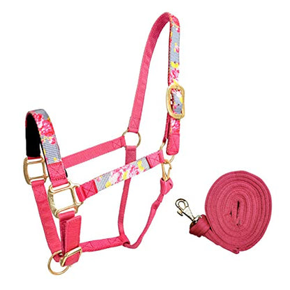 Tahoe Tack Patterned Nylon Adjustable Horse Halters with Padded Noseband and Matching 10’ Soft Grip Lead Rope with one Year Warranty - color: Grey Floral and Hot Pink