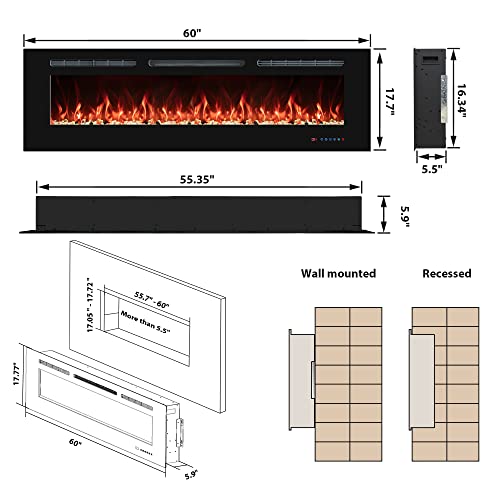 60'' Electric Fireplaces Inserts, Recessed & Wall-Mounted Fireplace Heater with Thermostat, Multicolor Flames,Timer, Log & Crystal, 750/1500W, Black - size: 60 inch
