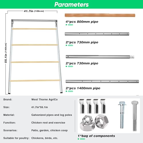 Chicken Perch for Coop, Sturdy Chicken Roosting Ladder, Easy Assembly, 25mm Diameter Galvanized Pipe and Wooden Material, Chicken Roost Essentials for Backyard Poultry (41.7" W x 55" H)