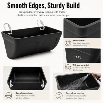 Hanging Horse Feed Trough, Fence Mount Horse Feeder with Heavy-Duty Metal Clips & Screw Hardware, Black Plastic Feed and Water Bucket for Horse Stall, Barn Wall, Pellets & Supplements (2 Pcs)
