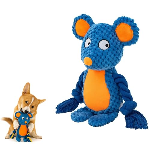Plush Mouse Dog Toy – Durable Squeaky Toy with Rope Arms for Chewing & Tug of War | Soft Textured Stuffed Animal Toy for Small & Medium Dogs | Interactive & Cute Pet Gift - color: Dark Blue