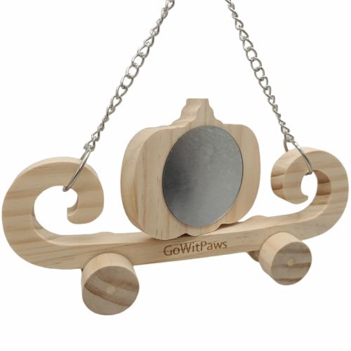 Pumpkin Carriage Mirror Toy for Small Birds, Natural Pine Wood, Dual-Sided Rotating Mirror, Rolling Wheels, 8.5x4.3 Inch