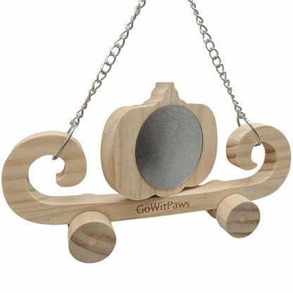 Pumpkin Carriage Mirror Toy for Small Birds, Natural Pine Wood, Dual-Sided Rotating Mirror, Rolling Wheels, 8.5x4.3 Inch
