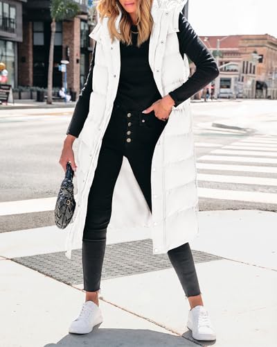 BTFBM Long Puffer Vest Women Quilted Hooded Button Down Zip Up Sleeveless Vests Outerwear Padded Jacket Fall Winter Coat - color: White, size: XX-Large