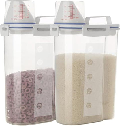 2 Pcs 5.5 LB Rice Storage Container, Airtight Cereal Flour Dispenser with Pouring Spout & Measuring Cup, Kitchen Plastic Clear Dry Food Storage Bin for Grain Oatmeal Snacks Pet Dog Food | Airtight Lid, with Pouring Spout & Measuring Cup, Storage Dry Food