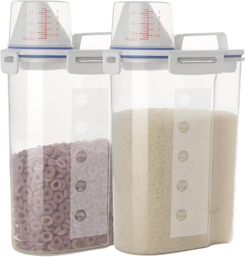 2 Pcs 5.5 LB Rice Storage Container, Airtight Cereal Flour Dispenser with Pouring Spout & Measuring Cup, Kitchen Plastic Clear Dry Food Storage Bin for Grain Oatmeal Snacks Pet Dog Food | Airtight Lid, with Pouring Spout & Measuring Cup, Storage Dry Food