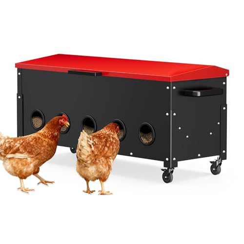 120lbs Automatic Chicken Feeder, Galvanized Steel with Wheels, 10 Feeding Ports & Weatherproof Lid, No Waste, Large Capacity Chicken Feeding Box for Hens, Ducks, Geese - color: 120lbs-Red