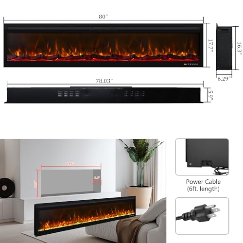80 Inch Ultra-Thin WiFi Electric Fireplace, App/Remote Control,13X13 Flame Color Combinations, 9H Timer & Thermostat & Low Noise, Log & Crystal, 750W/1500W Fireplace Heater, Black - size: 80 Inch WiFi