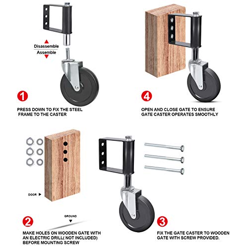 Ronlap Gate Wheels for Wooden Gate, Gate Caster Wheel Spring Loaded for Metal Tube Swing Gate Fence Gate Wheel for Gates Heavy Duty Outdoor Farm Vinyl Gate Rollers, 250 Lbs, 5 Inches, 2 Pack, Black - style: 5"