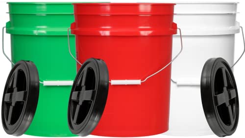 House Naturals 5 Gallon Food Grade BPA Free, Made in USA Plastic Bucket (3 Colors) with Air Tight Screw On lid, (Pack of 3)