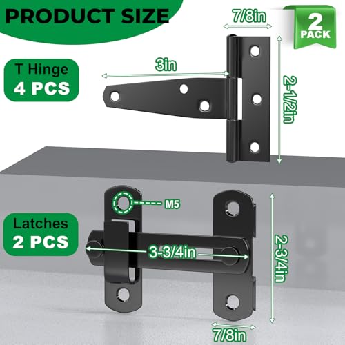 Forestchill Chicken Coop Latch Door & T Hinge Kit, 2 Pcs 4" Flip Latch Lock and 4 Pcs 3" T-Strap Hinges, Chicken Coop Accessories for Door Repair or DIY, Hardware for Wood Vinyl Fence, Barn Gate