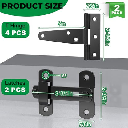 Forestchill Chicken Coop Latch Door & T Hinge Kit, 2 Pcs 4" Flip Latch Lock and 4 Pcs 3" T-Strap Hinges, Chicken Coop Accessories for Door Repair or DIY, Hardware for Wood Vinyl Fence, Barn Gate