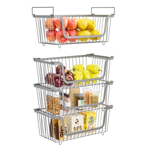 4 Pack Stackable Wire Baskets with Handles for Pantry Organizers and Storage, Fruit and Vegetable wire storage baskets, Potato and Onion Storage Bin, Metal Baskets for Organizing Snacks, Cans (Gray) - color: Gray