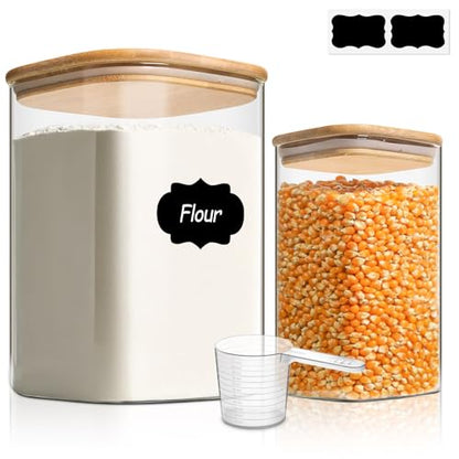 ComSaf Glass Food Storage Containers, 3.6Qt/1.2Qt Glass Flour and Sugar Containers with Airtight Lids, Large Square Jars with Bamboo Lids for Rice, Pasta, Oats, Grains, Cookies, Snacks, Candy - color: 3.6Qt/1.2Qt-Square