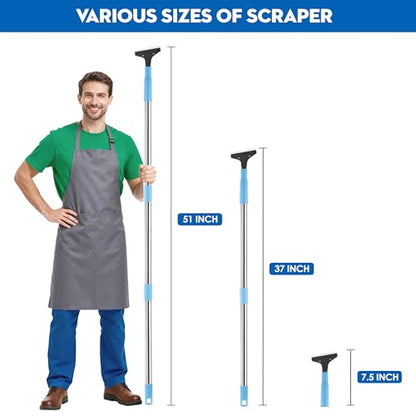 Silver Floor Scraper with 10 Replacement Blades - 4" Razor Blade, Stainless Steel Adjustable Long Handle (37" to 51"), Heavy-Duty Scraper Tool for Cleaning Stove Tops, Glass, Tiles, Walls & Labels