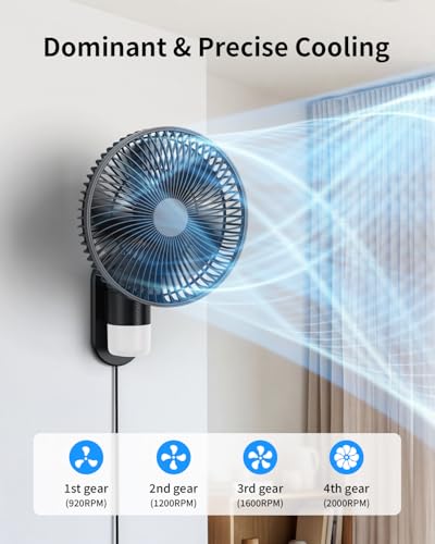 10 Inch Wall Mount Fan with Light and Remote Control – 90° Oscillating RV Fan, 4 Speeds Quiet Motor, 180° Manual Tilt, Timer Setting for Bedroom, Dorm, Home Office, Small Spaces