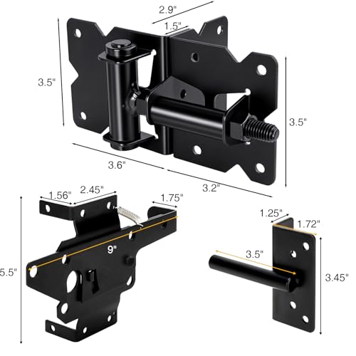 Heavy Duty Self Closing Gate Hinge and Latch Kit for Wooden/Vinyl Fence Gate Rust Proof Gate Hardware Kit 4 Adjustable Self Closing Hinges & 2 Post Mount Self Locking Gate Latch (Black)