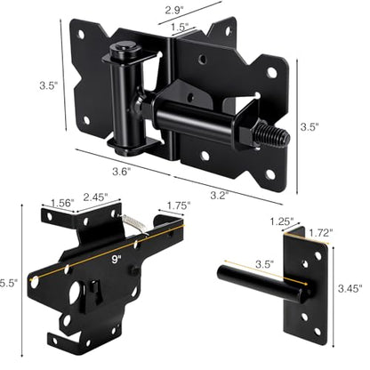 Heavy Duty Self Closing Gate Hinge and Latch Kit for Wooden/Vinyl Fence Gate Rust Proof Gate Hardware Kit 4 Adjustable Self Closing Hinges & 2 Post Mount Self Locking Gate Latch (Black)