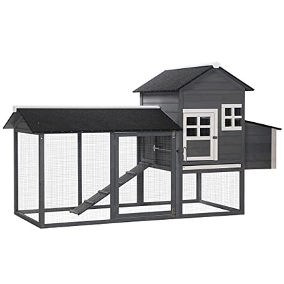 PawHut 84" Wooden Chicken Coop, Hen House Outdoor with Run Nesting Box, Asphalt Roof, Removable Tray, Ramp, Poultry Cage for 2-3 Chickens, Gray - color: Gray
