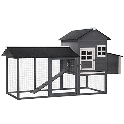 PawHut 84" Wooden Chicken Coop, Hen House Outdoor with Run Nesting Box, Asphalt Roof, Removable Tray, Ramp, Poultry Cage for 2-3 Chickens, Gray - color: Gray