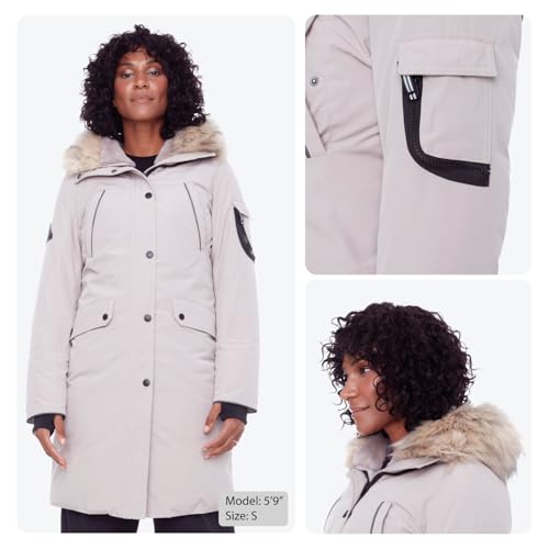 ALPINE NORTH Laurentian Women’s Vegan Down Long Parka Jacket with Faux Fur Hood - color: Taupe, size: X-Small, style: Standard Size