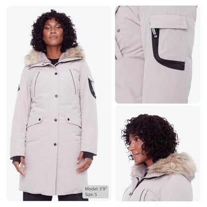 ALPINE NORTH Laurentian Women’s Vegan Down Long Parka Jacket with Faux Fur Hood - color: Taupe, size: Large, style: Standard Size