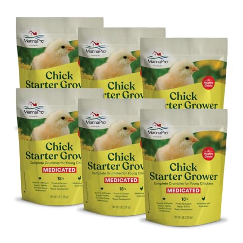 Manna Pro Medicated Chick Starter Grower, Crumbled Chick Feed with Amprolium, Complete Nutrition for Young Chickens, Supports Healthy Growth and Coccidiosis Prevention, 6-Pack of 5 lb Bags - size: 5 Pound (Pack of 6)
