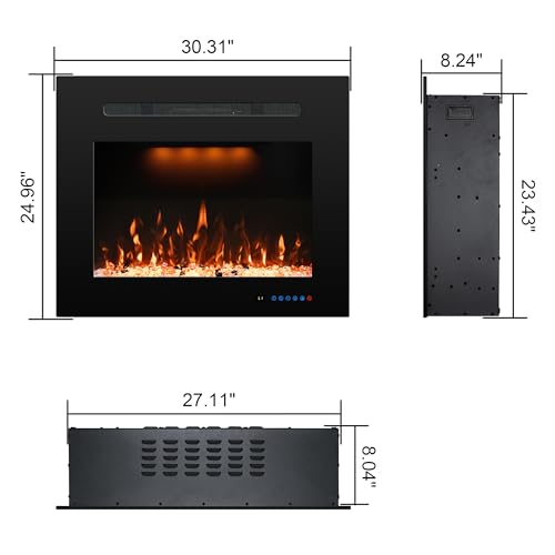27.1" W Rear Electric Fireplace Inserts with Thermostat, Recessed Fireplace Heater with 3 Flame & Top Light Color, 750/1500W, Crackling Sound, Logs & Crystals, Timer, No Wall Mount - size: 30"W25"H