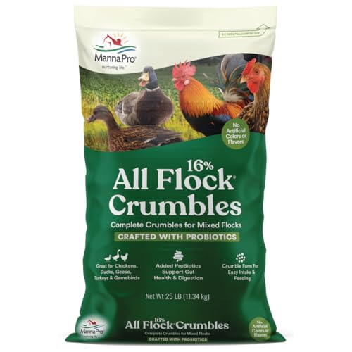 Manna Pro All Flock Crumbles – 16% Protein Complete Poultry Feed with Probiotics for Digestion, Crumbled Chicken & Game Bird Feed for All Flock Types, No Artificial Colors or Flavors, 25 lb - size: 25 Pound (Pack of 1)