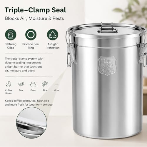 33L/8.72gal Stainless Steel Airtight Canister, Food Storage Canisters with Airtight Lid&Locking Clamp, Rice Cereal Grain Canisters Container, Storager Bucket for Flour, Coffee Bean, Sugar, Cookie - color: 33L