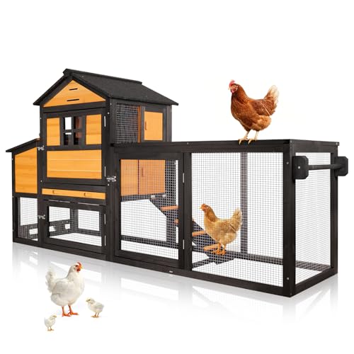 Chicken Coop with Run for 4-6 Chickens, Outdoor Mobile Hen House with Wheels, Easy Clean Nesting Box and Tray, Waterproof Asphalt Roof, Better Airflow, Wooden Poultry Cage, Brown, 81.5"x25.6"x44.1" - color: Brown, size: 81.5"x25.6"x44.1"