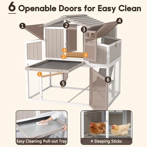 Large Wooden Chicken Coop for 2-6 Chickens, Outdoor Chicken House with 4 Nest Boxes, Hen House Poultry House Pet Hutch Chicken Cage with Waterproof Asphalt Roof, Ramp, Roosting Bars - color: Grey