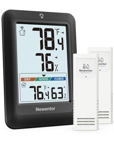 Newentor Indoor Outdoor Thermometer Wireless, Weather Station with 24H 48H All Time Max Min Record, Big Number Outside Inside Thermometer for Patio House, Comfort Indicator, Black with 2 Sensors - color: Black, size: with 2 sensor