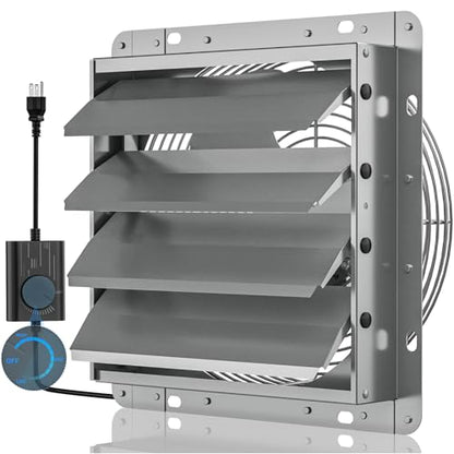 Hon&Guan 14 Inch Shutter Exhaust Fan with Stepless Speed Controller, 882 CFM High Airflow, 1600 RPM Wall Vent Fan, Automatic Gravity Shutters, Easy Install for Garage, Shed & Greenhouse, Gunmetal Gray - color: Gray, size: 14 Inch