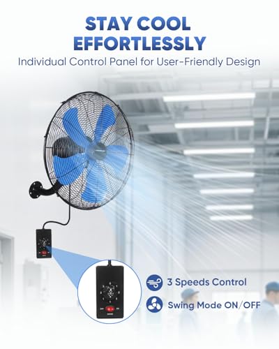 KEN BROWN 18 Inch 3-Speed High Velocity Industrial Oscillating Fan, Wall Mount Fan with Max. 4200 CFM, Seperated Switch and 5 Blades, Heavy Duty Metal for Household/Patio/Workshop, Blue - size: 18 Inch Wall Fan