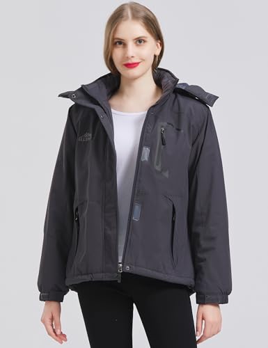ELLSWOS Womens Winter Coats Waterproof Ski Jacket Warm Snow Jackets Windproof Windbreaker Hooded Raincoat - color: Dark Grey, size: Medium