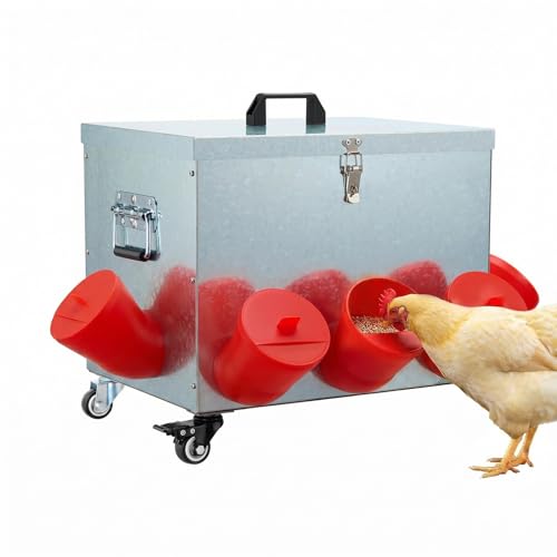 Magicfly 40 lbs Chicken Feeder No Waste, Large Metal Automatic Chicken Feeder Box, 8 Bell-Mouth Feeding Port, with Handle and Wheels, Rat Proof Chick Feeder for Chickens, Ducks & Geese - size: 40 lb